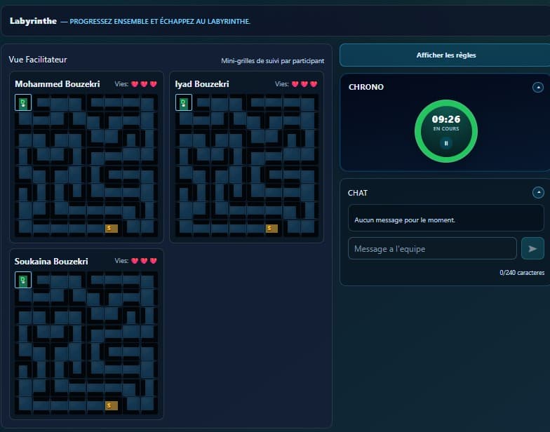 Interface TeamBlender Labyrinthe en session live collaborative